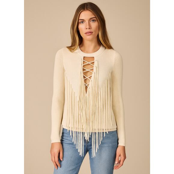 Ronny Kobo Open Stitch Fringe Sweater Cream Lace Up Crew Neck Long Sleeves - Picture 1 of 9
